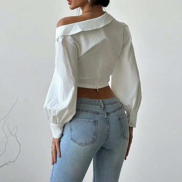 White Elegant Women's Asymmetrical Hem Long Sleeve top blouse - Picture 3 of 8